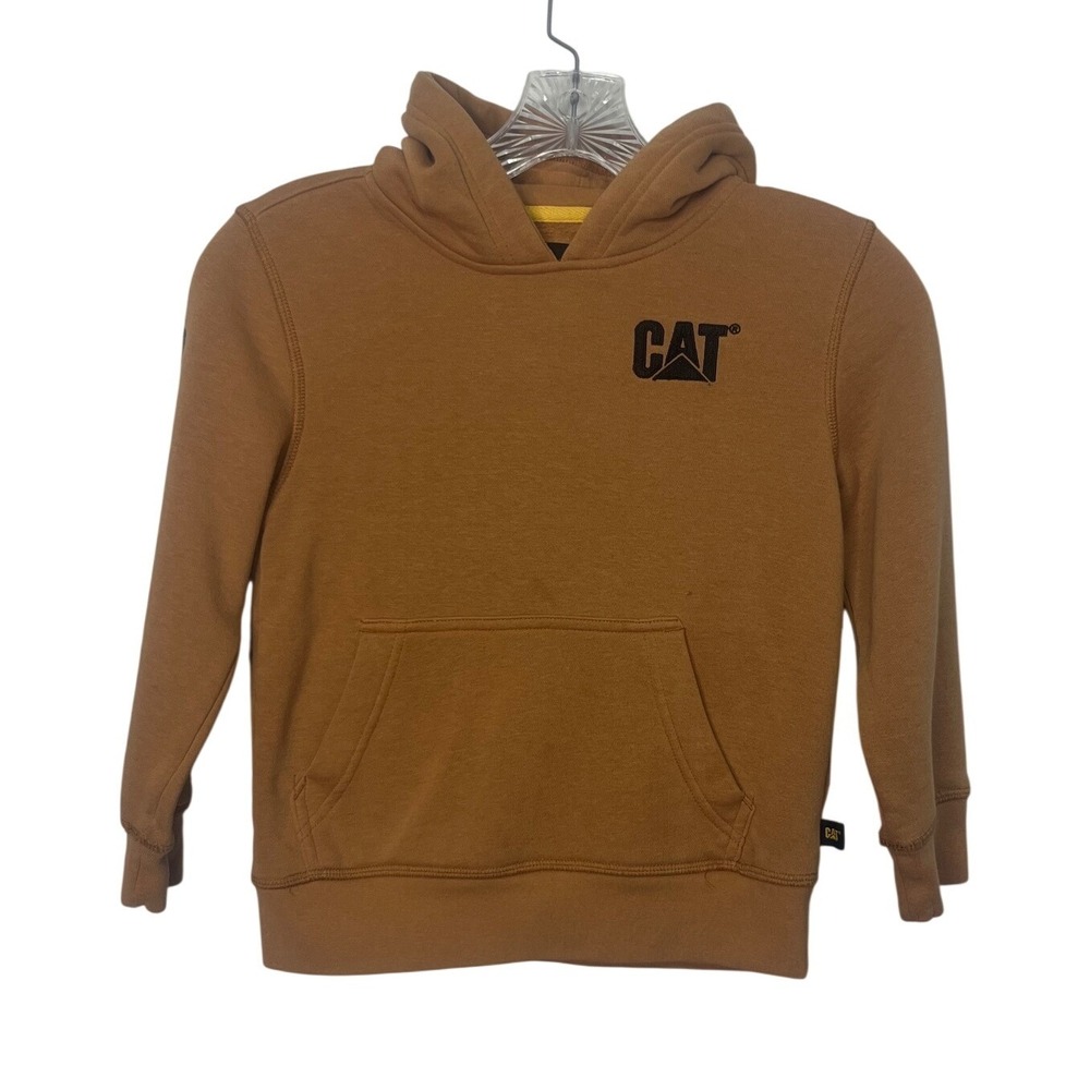 CAT Caterpillar Kids Hoodie XS 5/6 Brown Pullover Sweatshirt Logo Sleeve